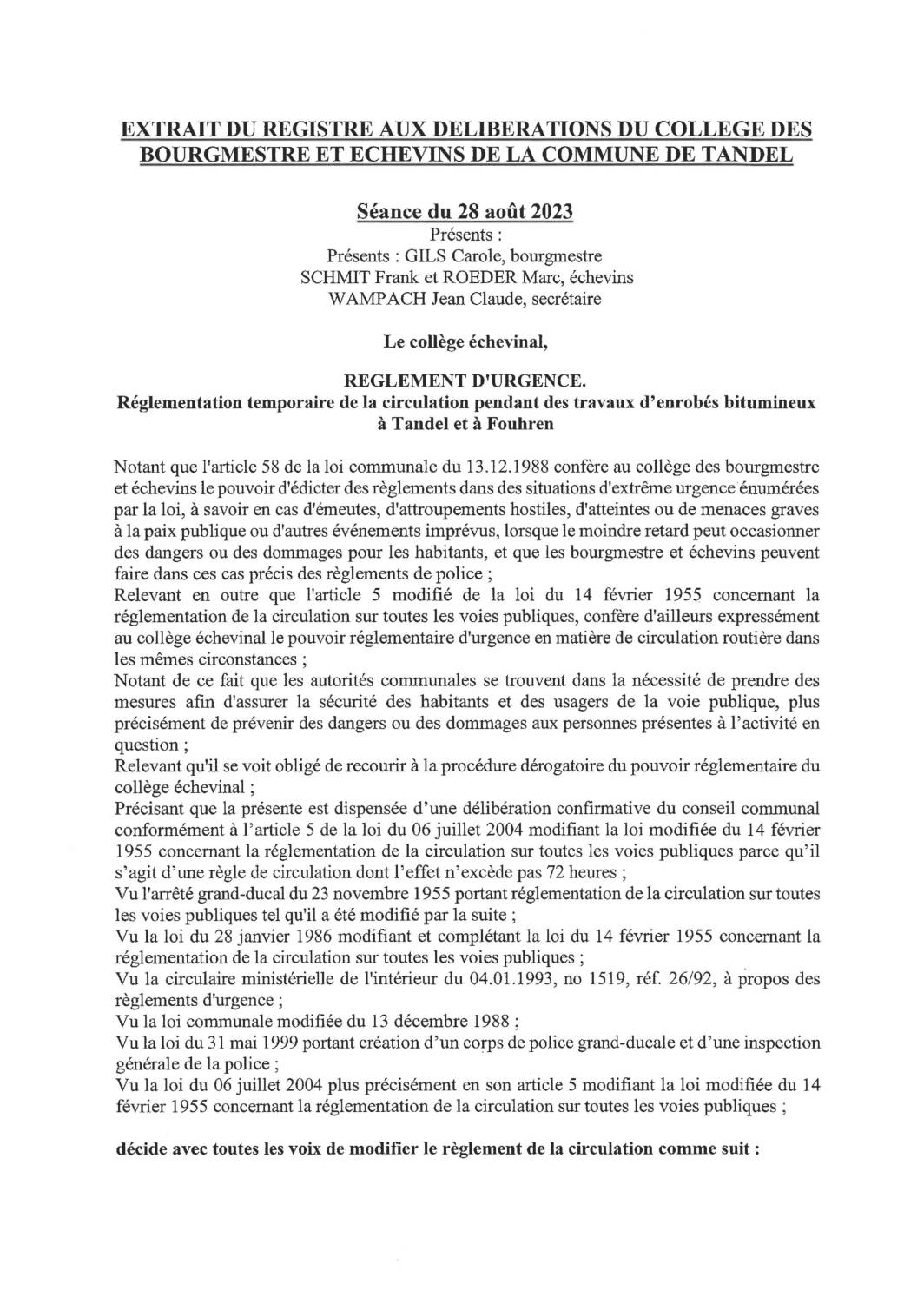 Règlement urgence circulation - Travaux enrobés bitumineux à Tandel et à Fouhren (signé) (28.08.2023)