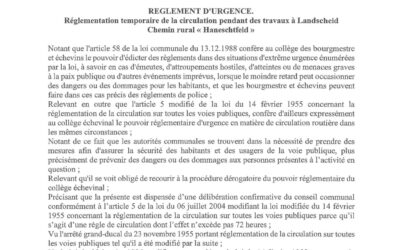 Règlement d’urgence de circulation – Chemin rural Haneschtfeld à Landscheid (04.11.2024)