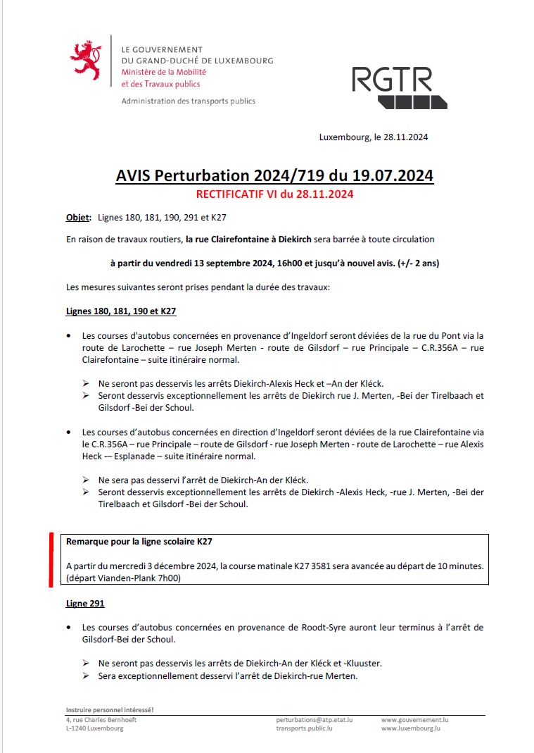 Avis de perturbation des lignes 180, 181, 190, K27 et 291