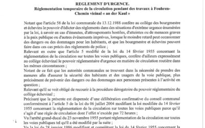 Règlement d’urgence de circulation – chemin rural « an der Kaul » pendant des travaux à Fouhren (02.12.2024)