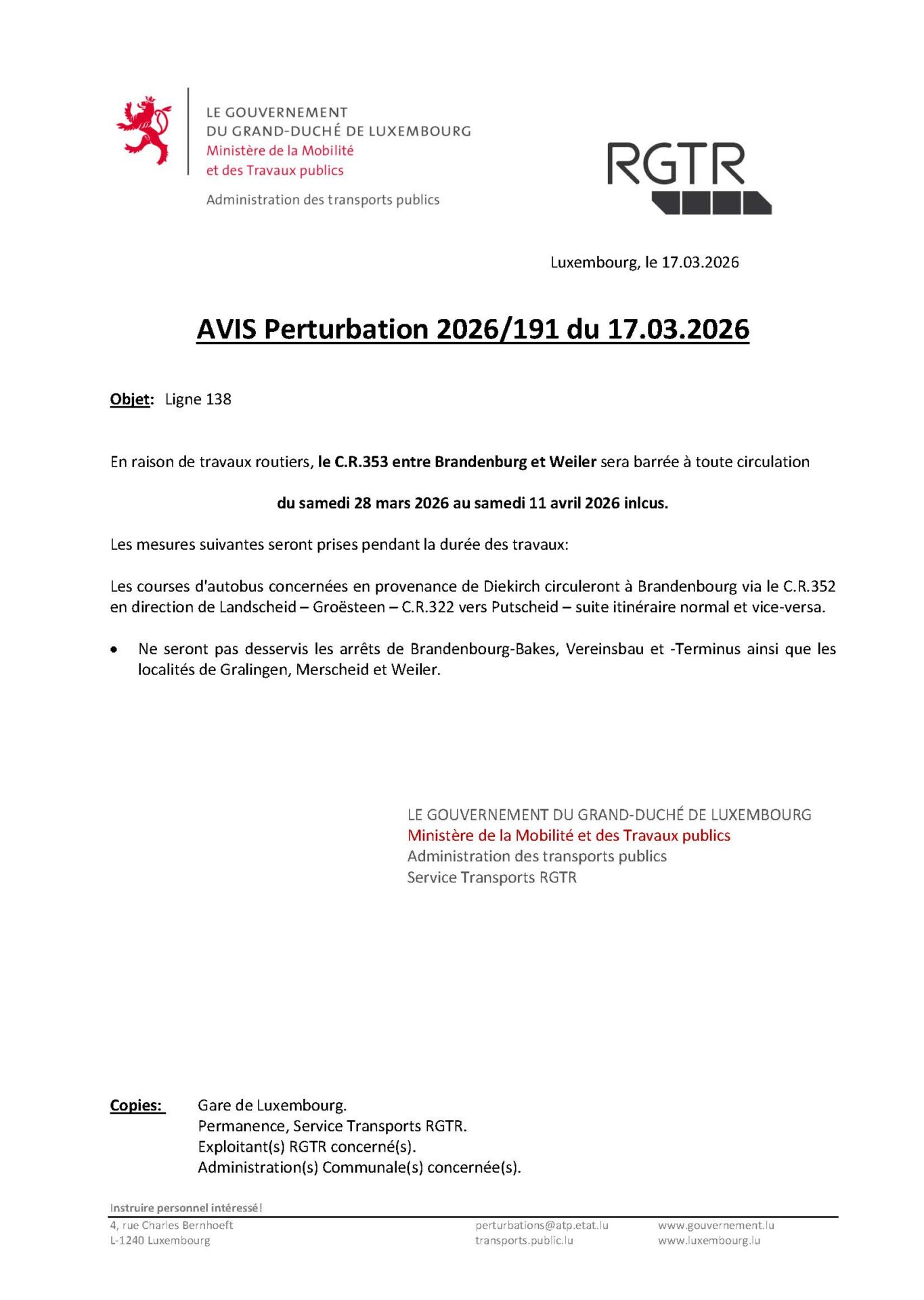 Avis perturbation RGTR - Brandenbourg-Weiler