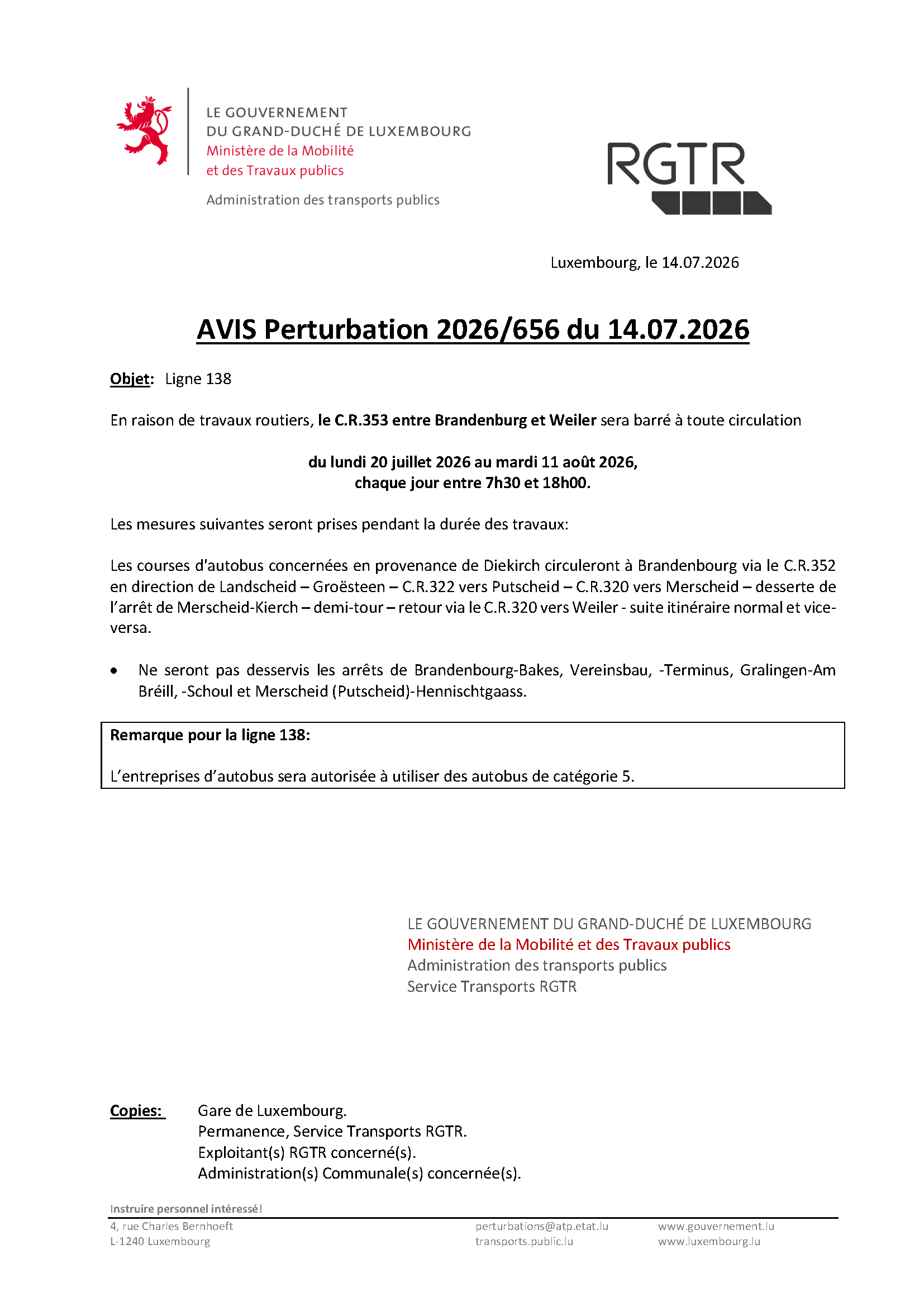Avis de perturbation 2026/656 - CR353 entre Brandenbourg et Weiler