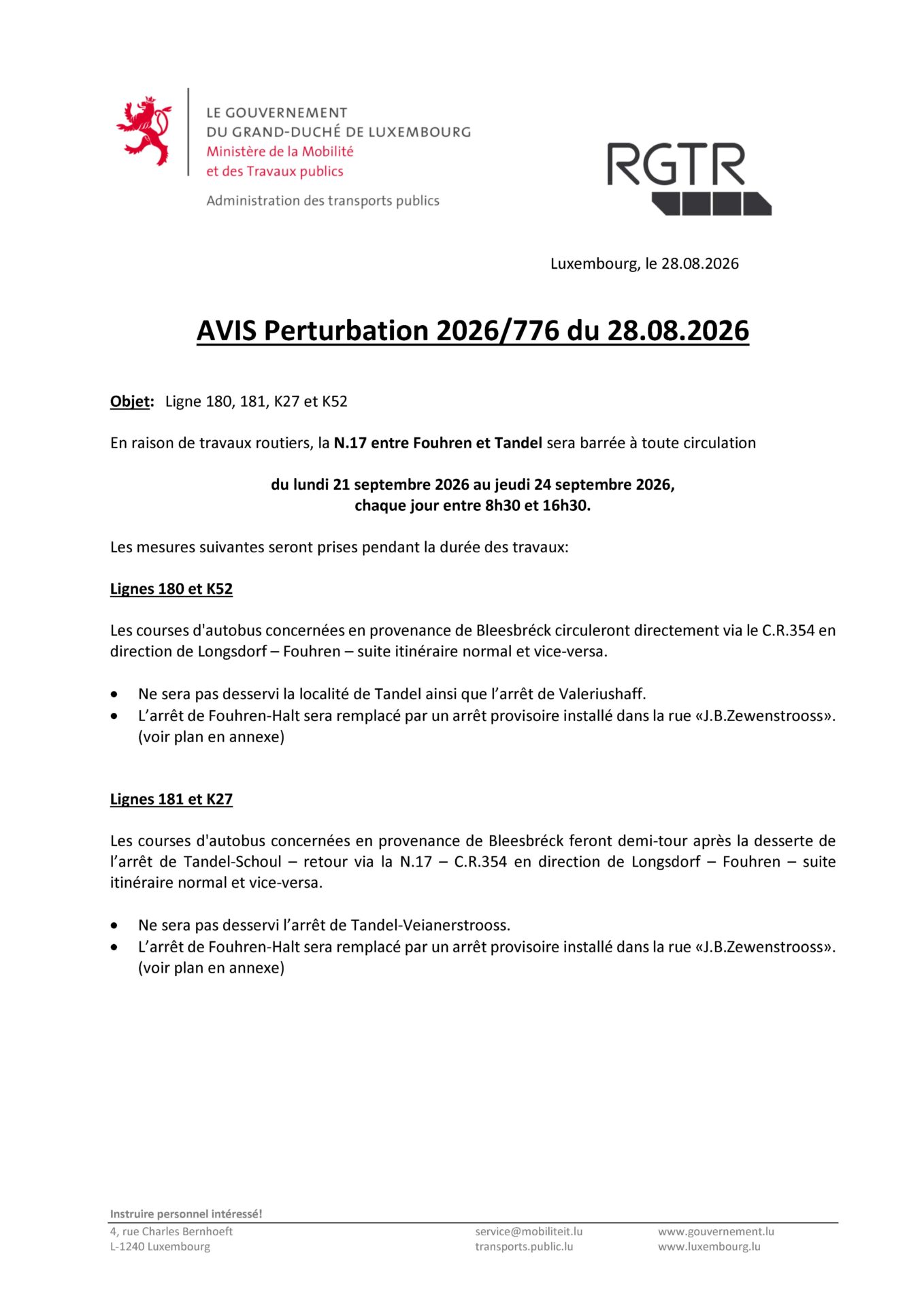 Avis de perturbation 2026/776 du 28.08.2026