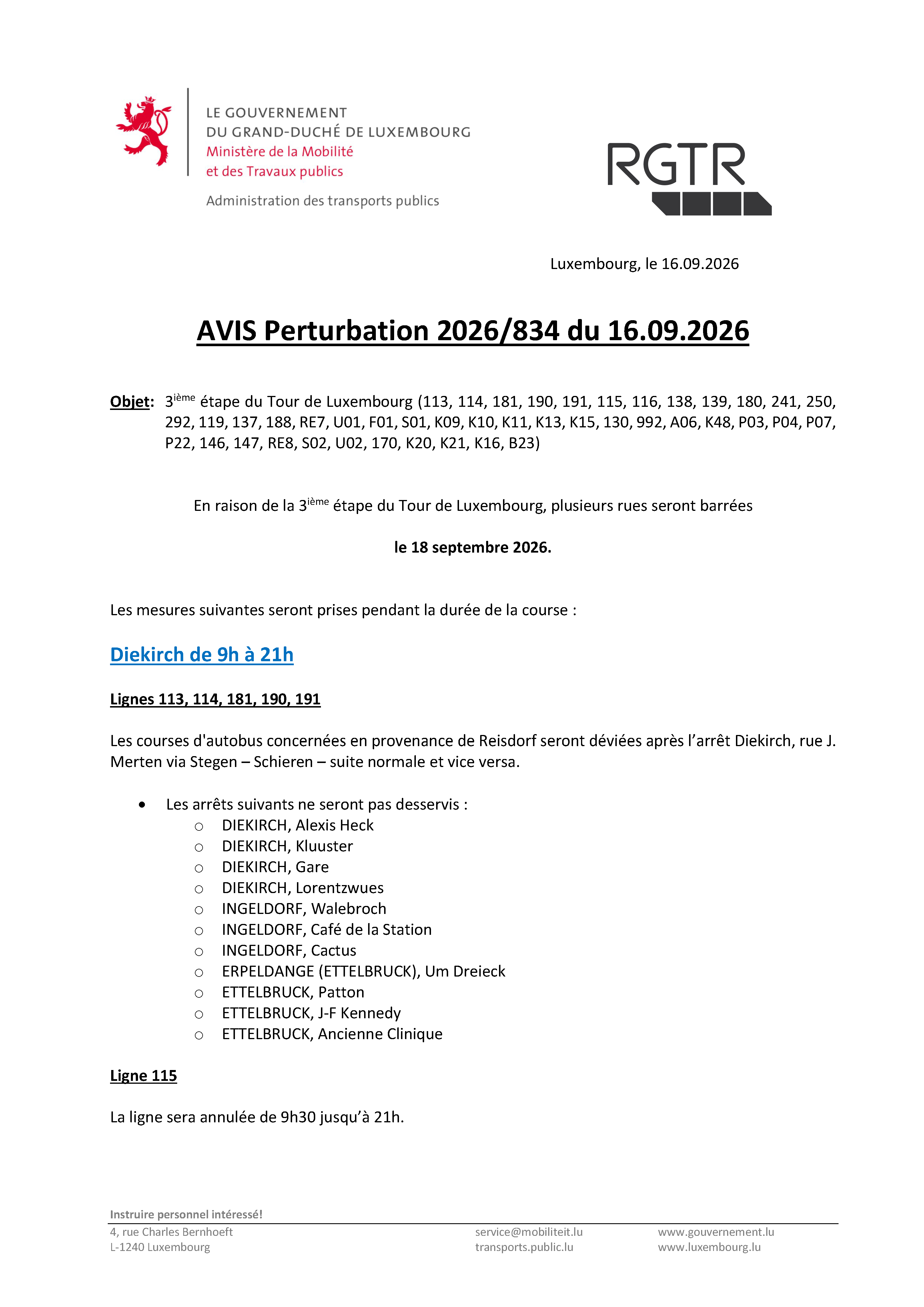 Avis Perturbation 2026/834 du 16.09.2026 - Tour de Luxembourg