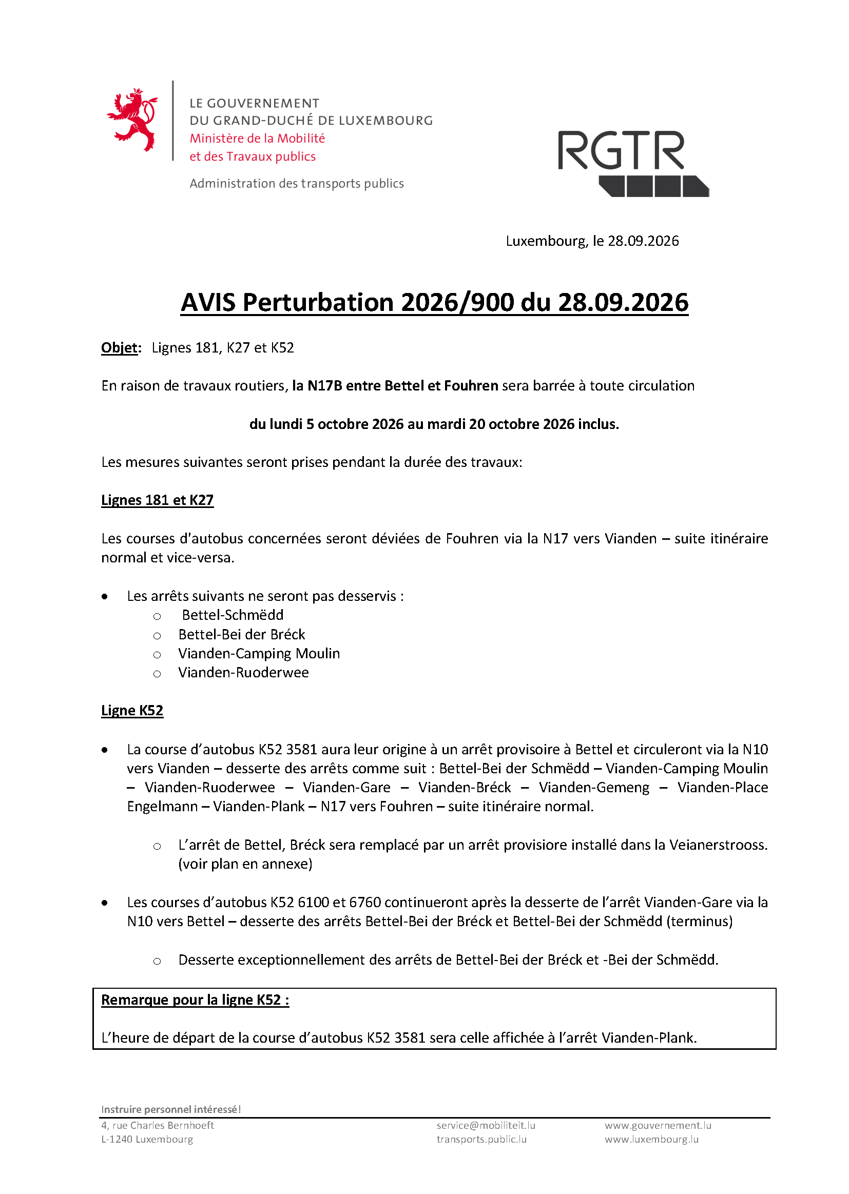 Avis de perturbation - N17B entre Bettel et Fouhren