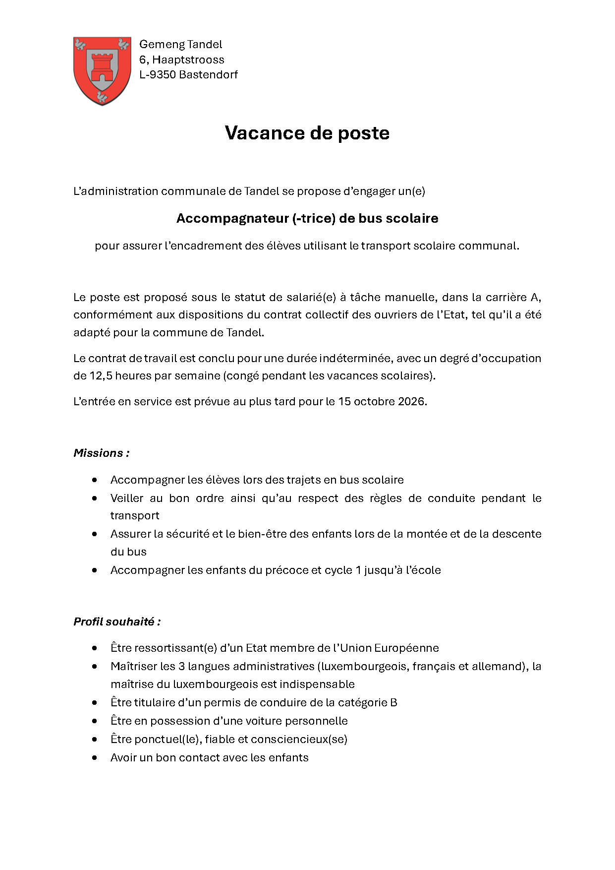 Vacance de poste - Accompagnateur (-trice) de bus scolaire