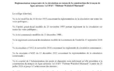 Règlement temporaire circulation – Construction tronçon ligne aérienne 1×110 kV Flebour-Walsdorf-Marnach (20.07.2026)
