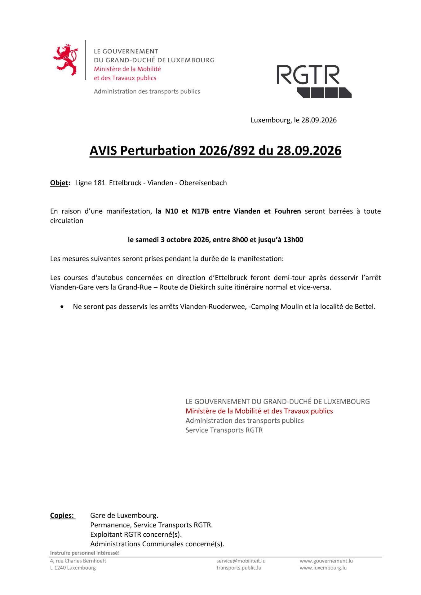 Avis perturbation RGTR Ettelbruck-Vianden-Obereisenbach le 3.10.2026
