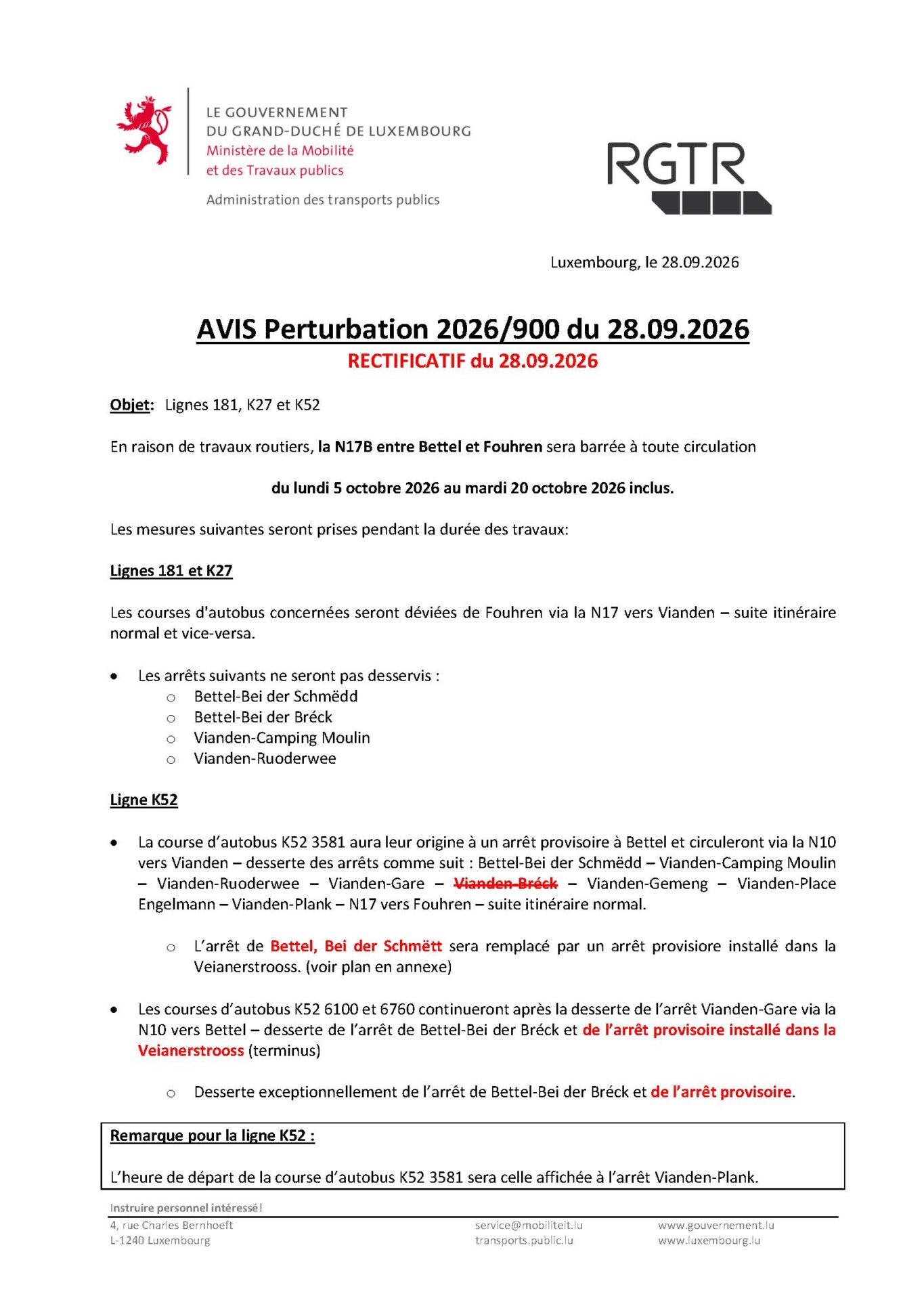 Avis perturbation RGTR entre Bettel et Fouhren 5.10 - 20.10.2026