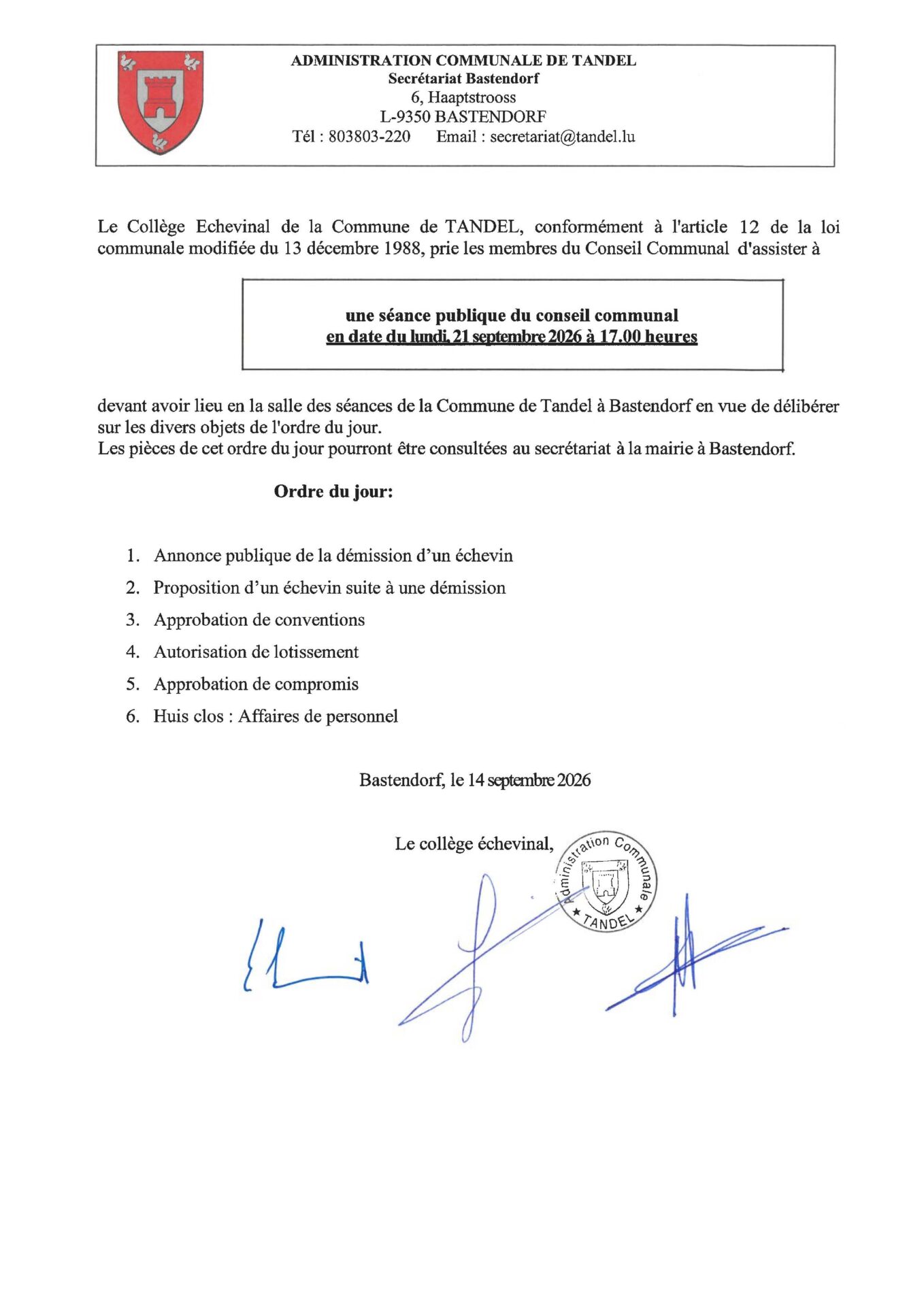 Convocation séance du conseil communal 21.09.2026