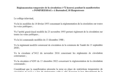 Règlementation temporaire de la circulation « Pompjeesdag » à Bastendorf