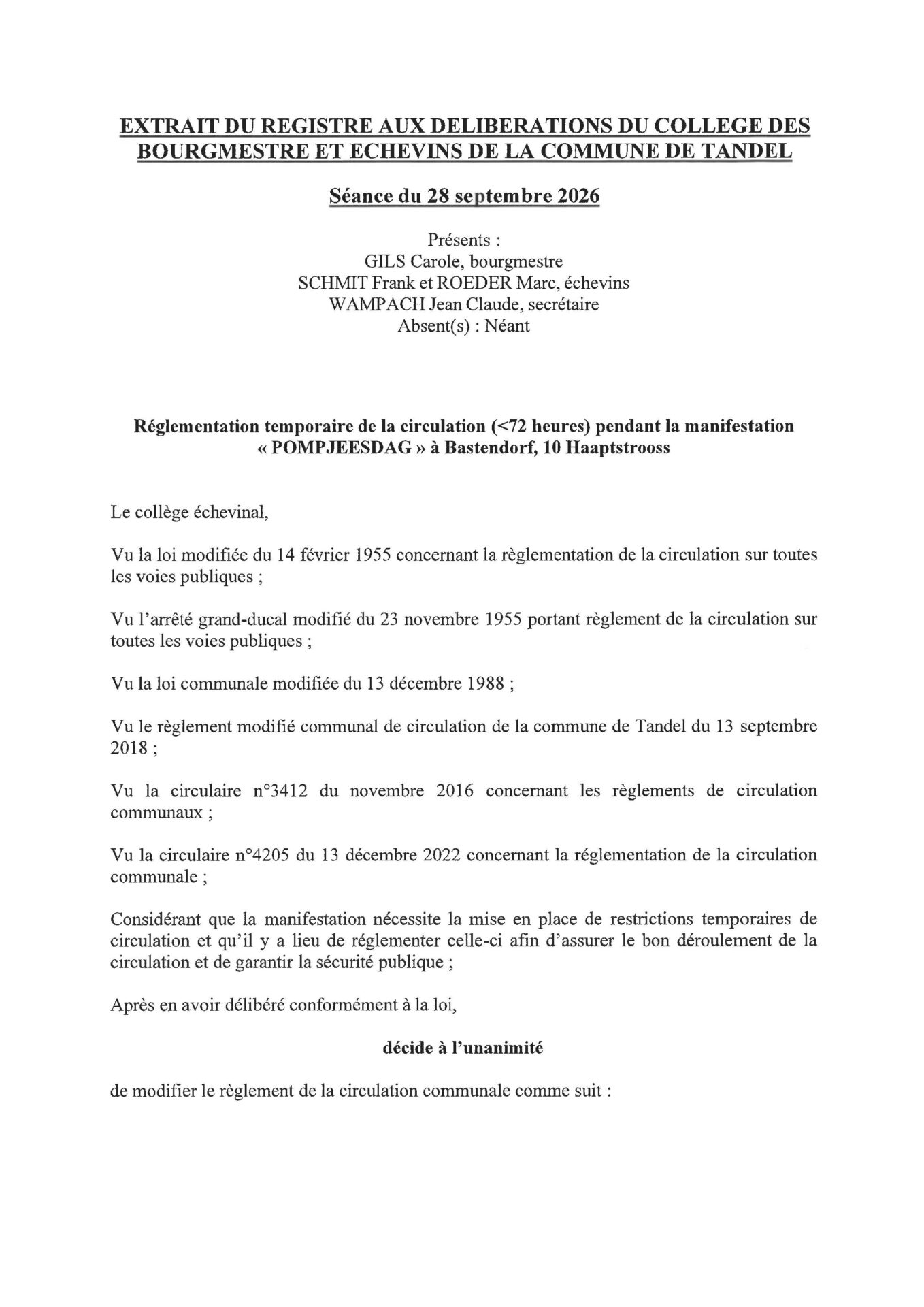 Règlementation temporaire de la circulation "Pompjeesdag" à Bastendorf
