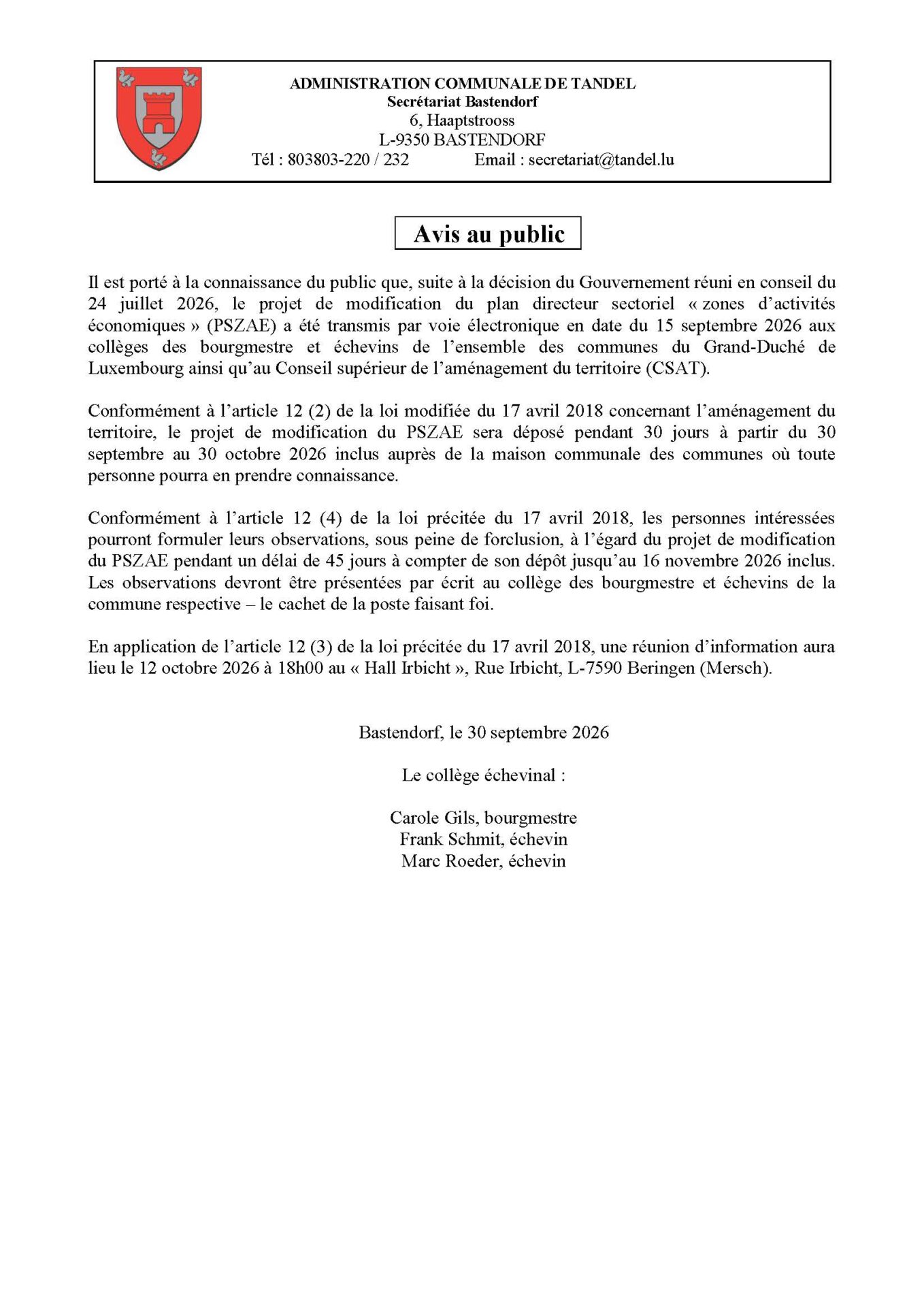 Projet de modification du plan directeur sectoriel "zones d'activités économiques" (PSZAE)
