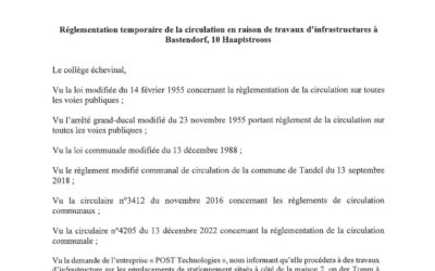 Réglementation temporaire de la circulation à Bastendorf, 10, Haaptstrooss