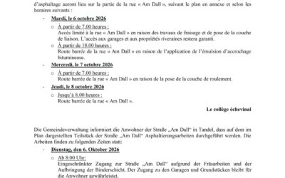 Avis aux habitants de la rue « Am Dall » à Tandel