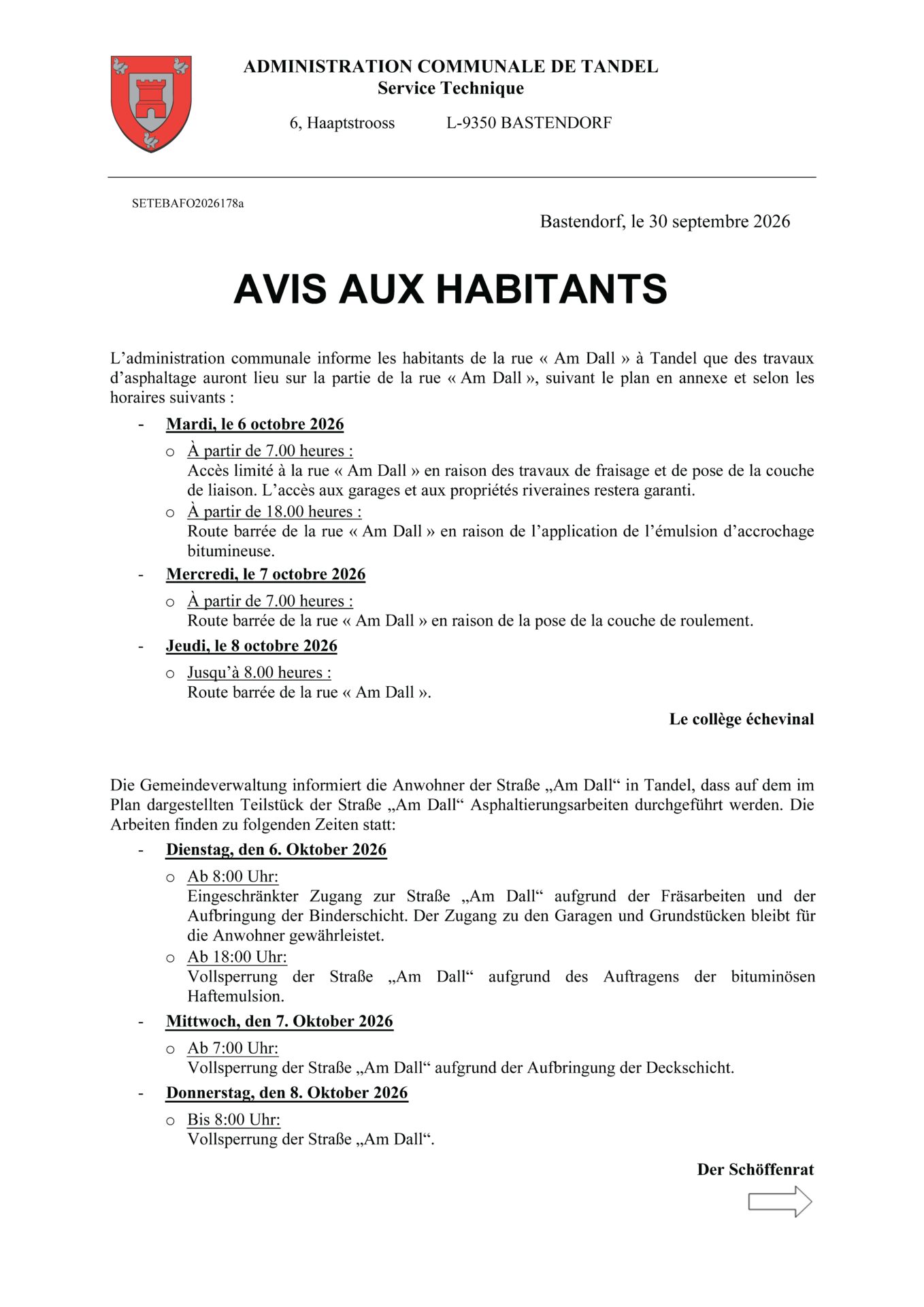Avis aux habitants de la rue "Am Dall" à Tandel